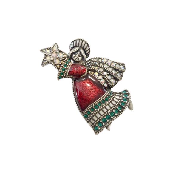 Vintage Enamel and Crystal Christmas Angel Brooch Pin, by Tanya Creations, 2" L - Picture 7 of 11
